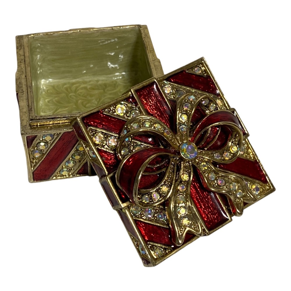 VTG Rhinestone Bejeweled Red Gold Enameled Gift Box Bow Cast Metal Trinket Box